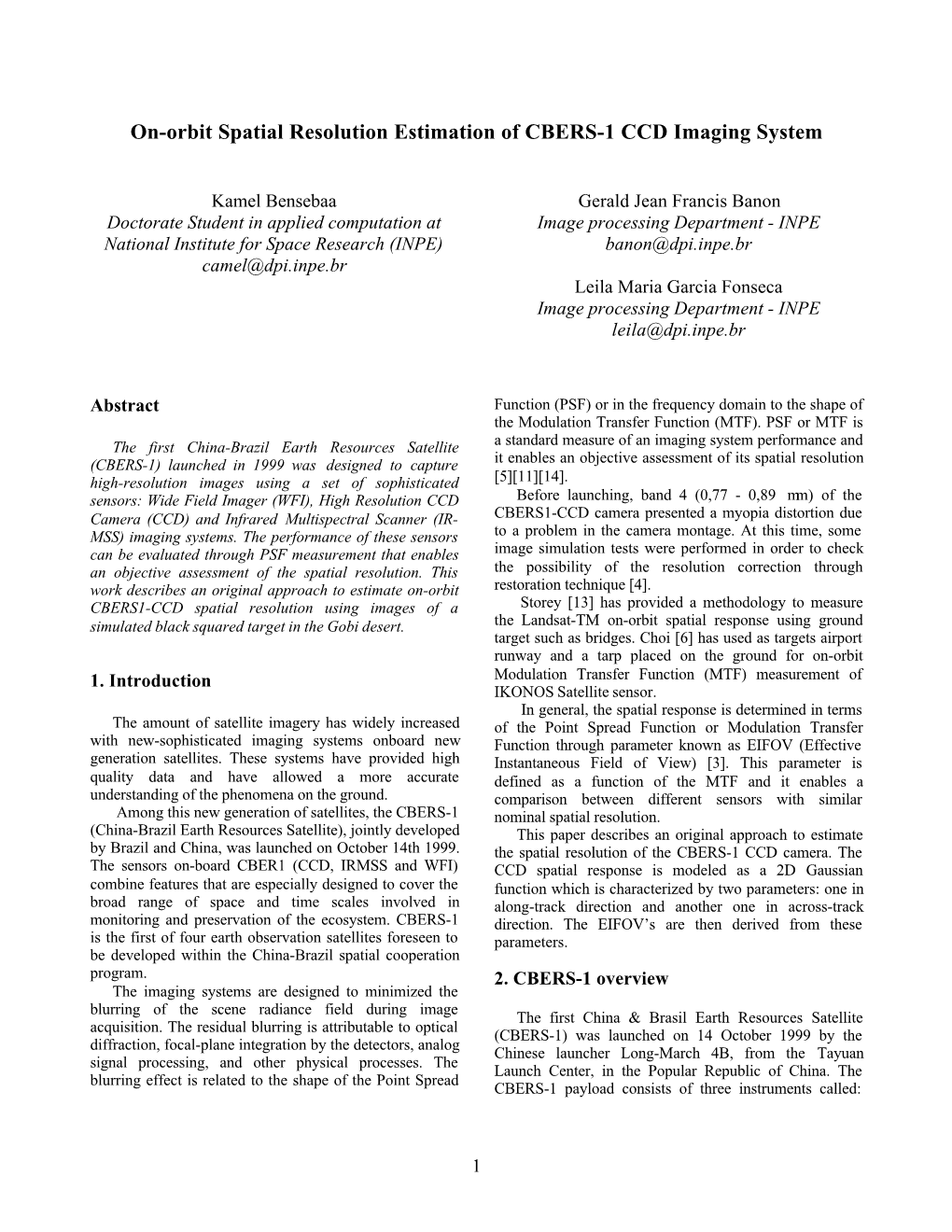 On-Orbit Spatial Resolution Estimation of CBERS-1 CCD Imaging System