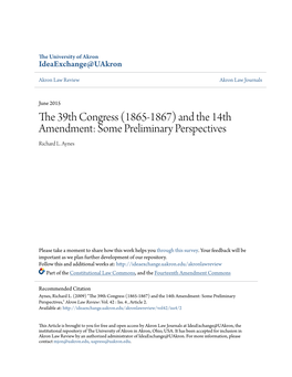 THE 39Th CONGRESS (1865-1867) and the 14Th AMENDMENT: SOME PRELIMINARY PERSPECTIVES