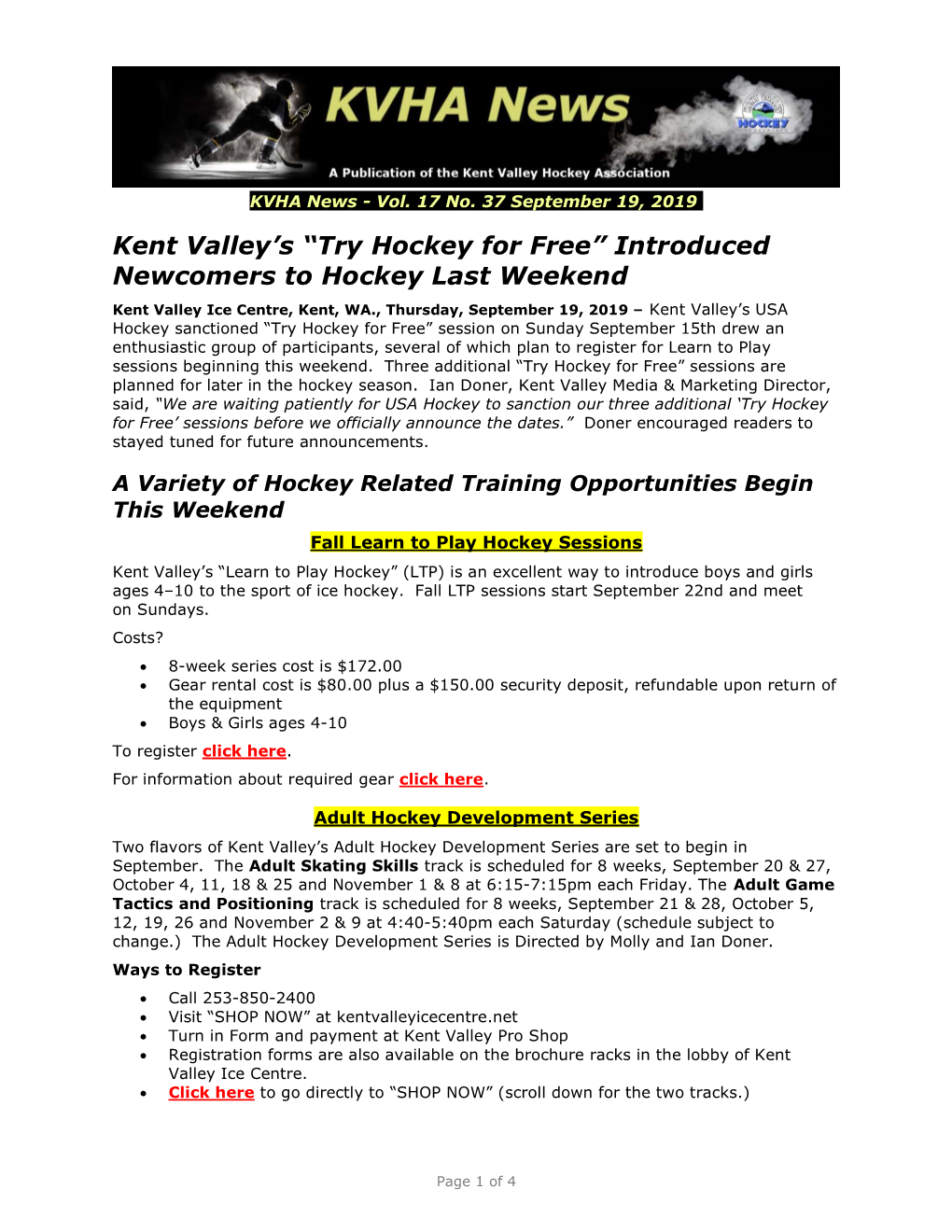 Kent Valley's “Try Hockey for Free”