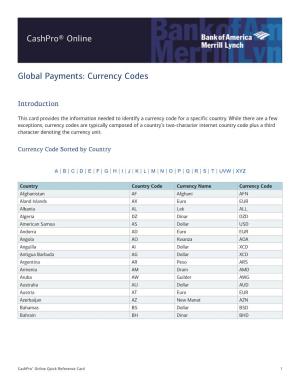 Cashpro® Online Global Payments: Currency Codes
