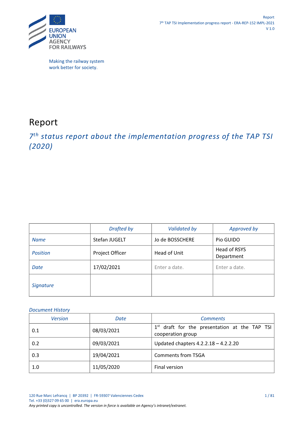 7Th Status Report About the Implementation Progress of the TAP TSI (2020)