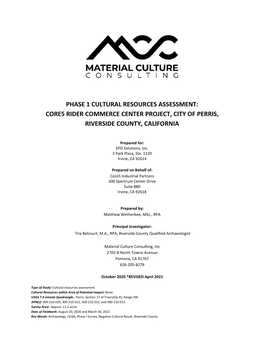 Phase 1 Cultural Resources Assessment: Core5 Rider Commerce Center Project, City of Perris, Riverside County, California