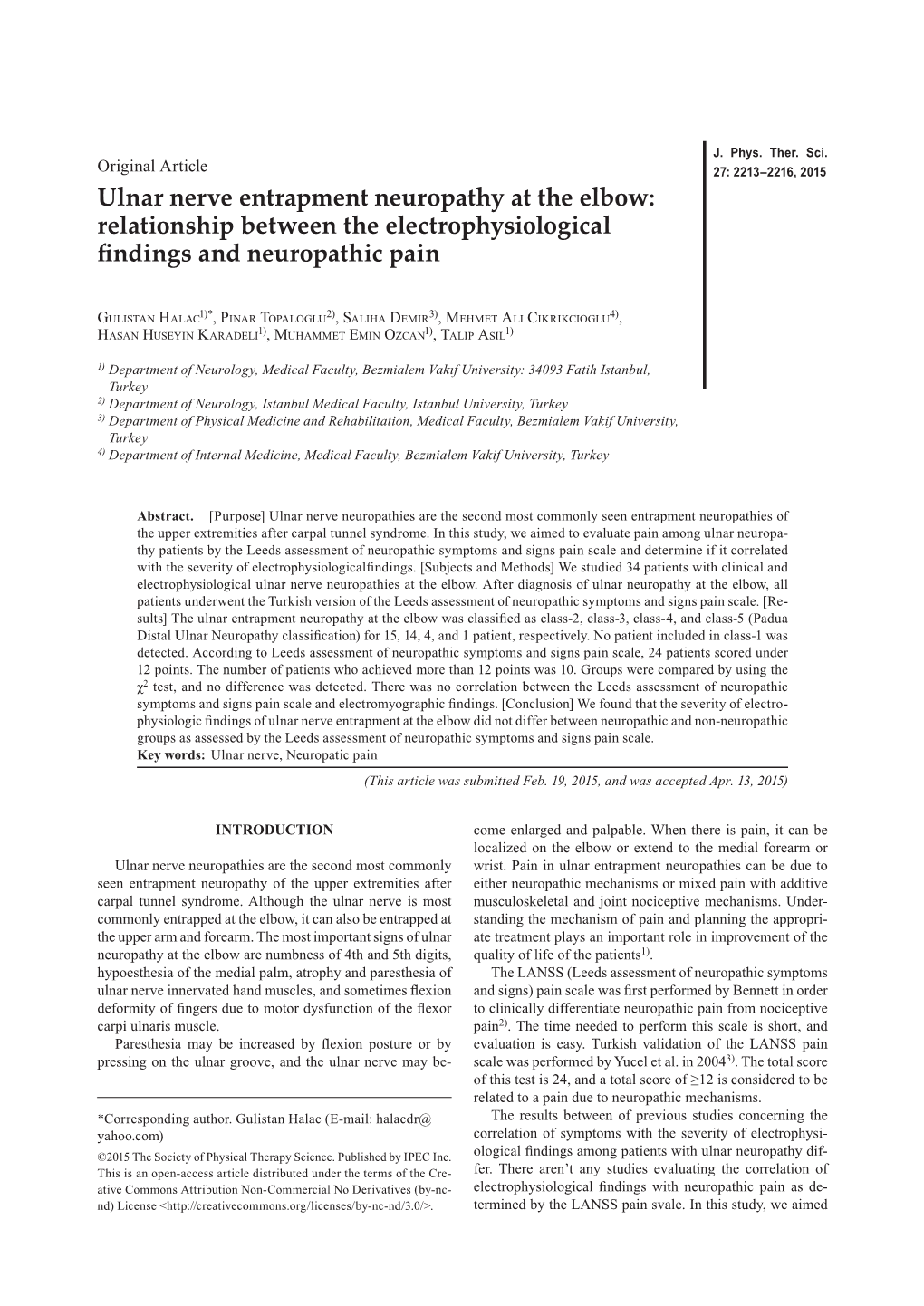 Ulnar Nerve Entrapment Neuropathy at the Elbow: Relationship Between the Electrophysiological Findings and Neuropathic Pain