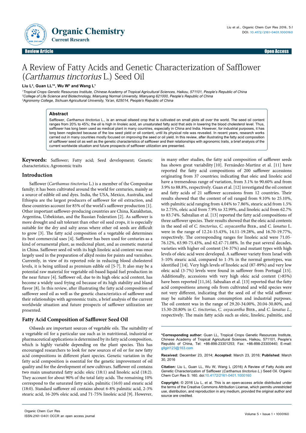 A Review of Fatty Acids and Genetic Characterization of Safflower