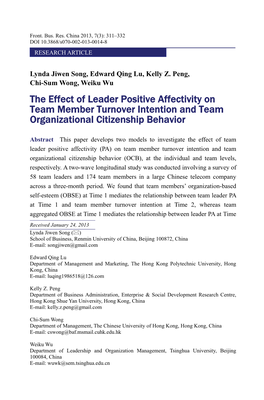 The Effect of Leader Positive Affectivity on Team Member Turnover Intention and Team Organizational Citizenship Behavior