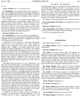 The Address-Mr. Maceachen Concerned About What I Am Hearing in the West, About What I Am Hearing from Quebec and What I Am Hearing in My Own an Hon