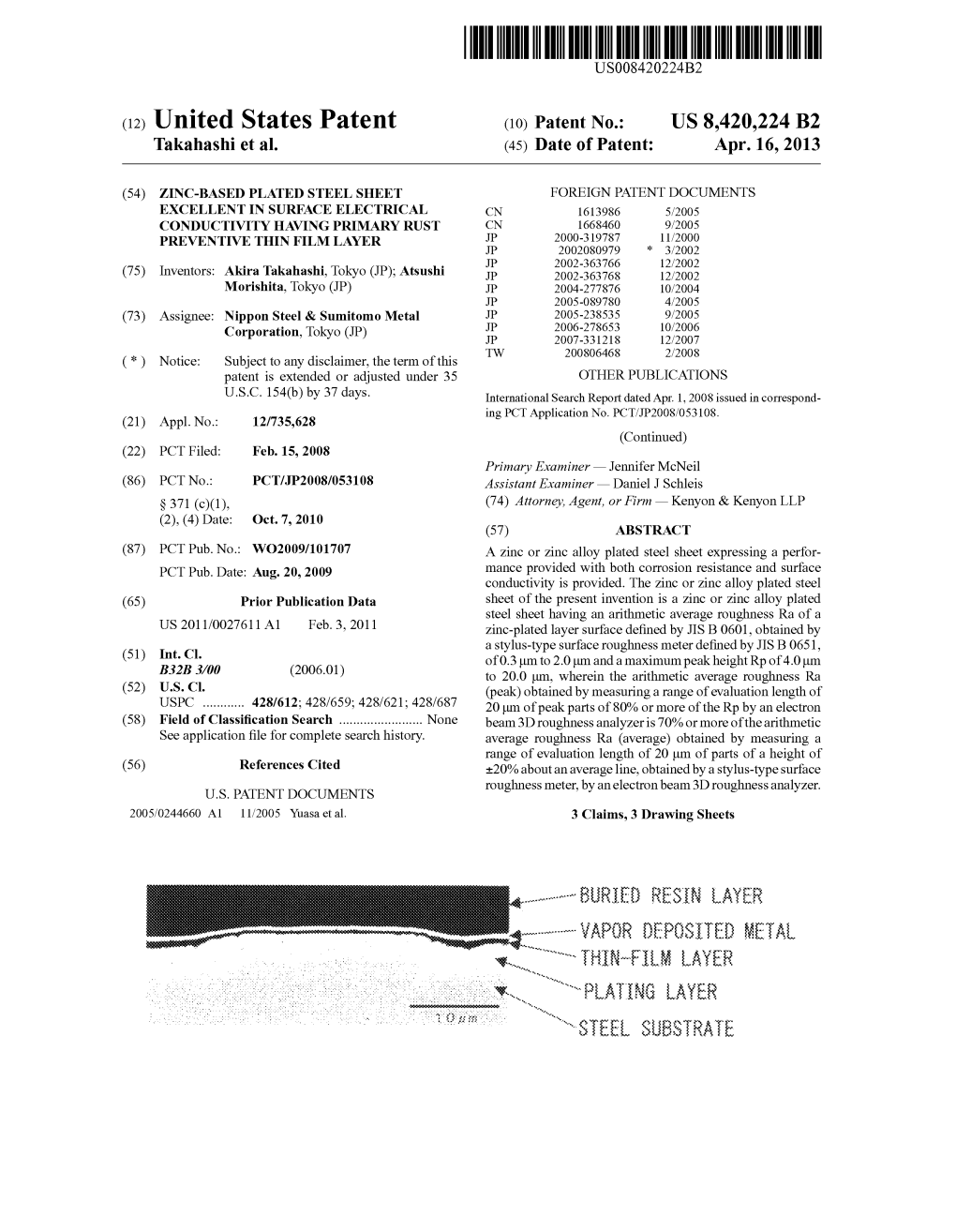 STEEL SUBSTRATE US 8.420,224 B2 Page 2