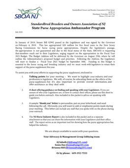Standardbred Breeders and Owners Association of NJ State Purse Appropriation Ambassador Program July 2020