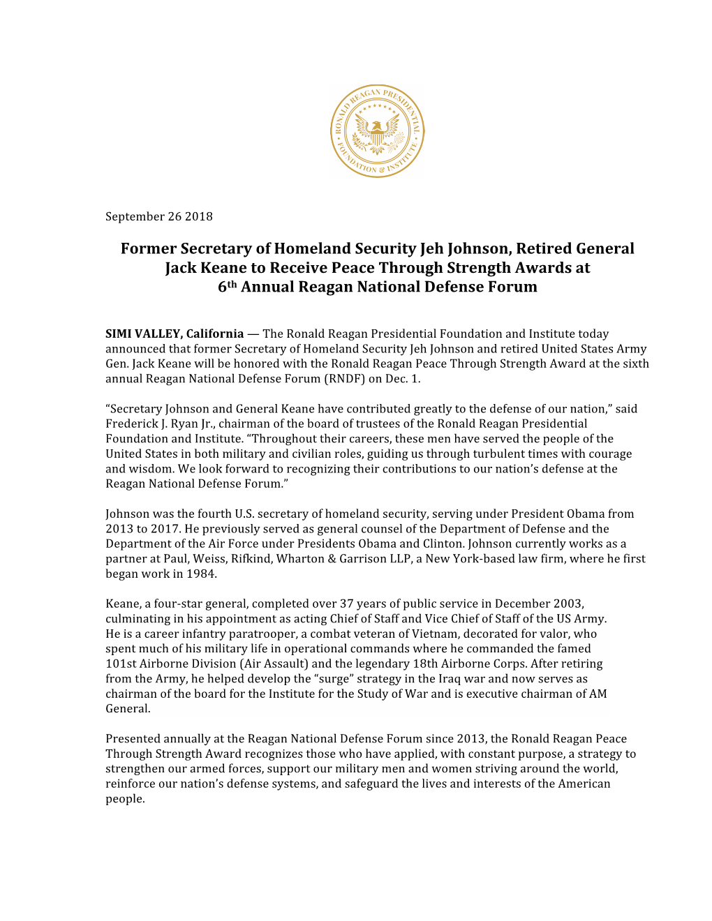 Former Secretary of Homeland Security Jeh Johnson, Retired General Jack Keane to Receive Peace Through Strength Awards at 6Th Annual Reagan National Defense Forum