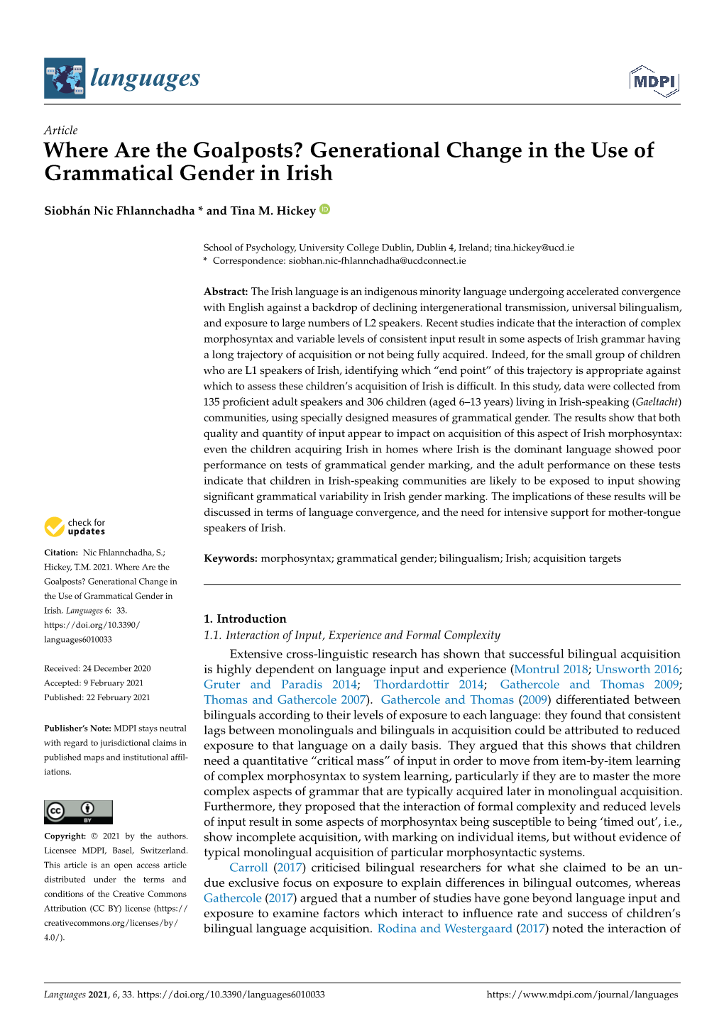 Where Are the Goalposts? Generational Change in the Use of Grammatical Gender in Irish