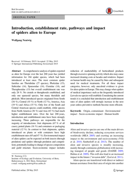 Introduction, Establishment Rate, Pathways and Impact of Spiders Alien to Europe
