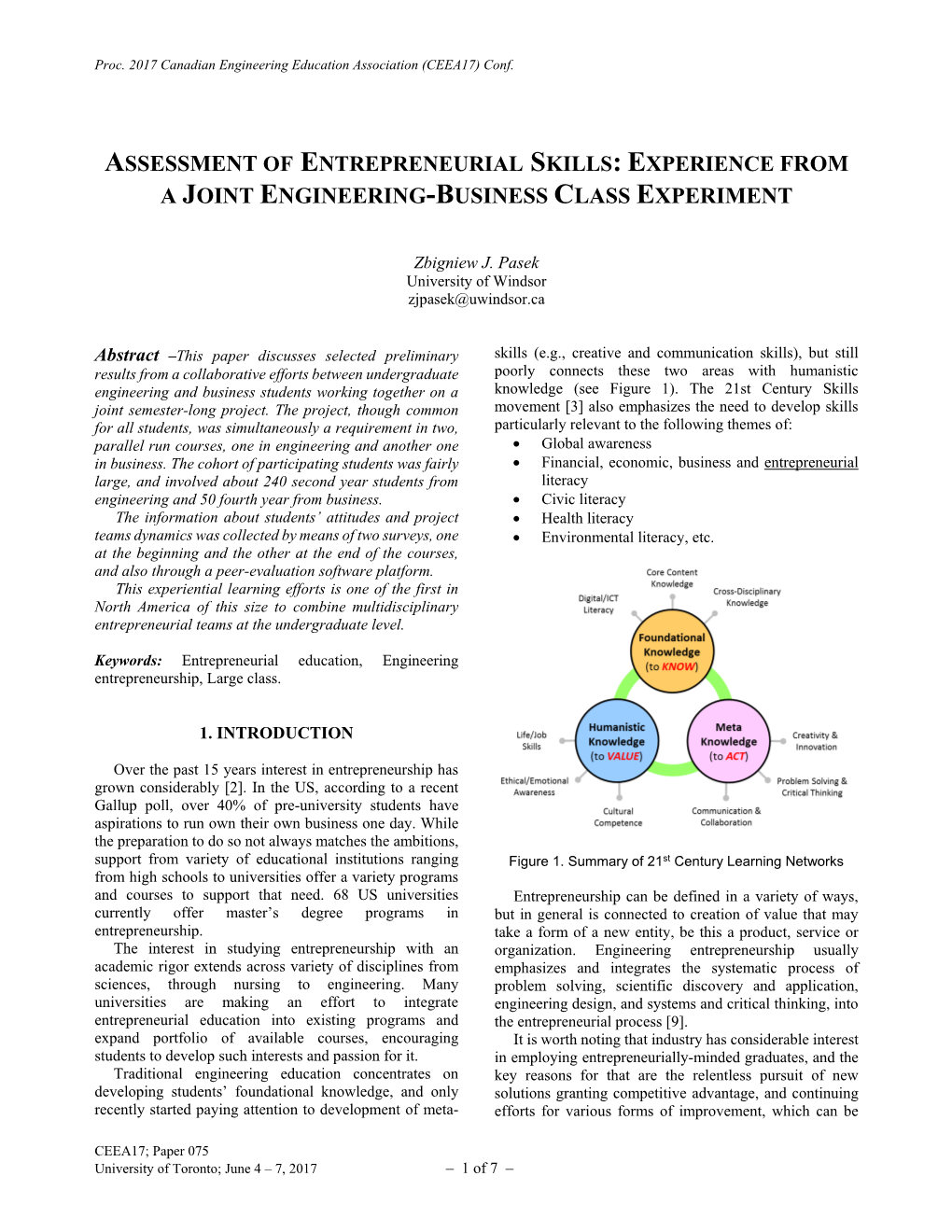 Assessment of Entrepreneurial Skills: Experience from a Joint Engineering-Business Class Experiment