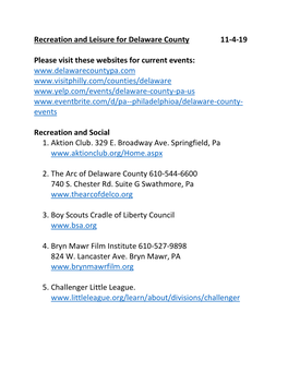 Recreation and Leisure for Delaware County 11-4-19 Please Visit These