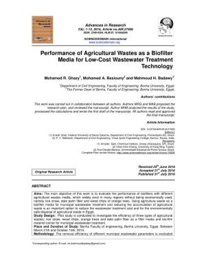 Performance of Agricultural Wastes As a Biofilter Media for Low-Cost Wastewater Treatment Technology