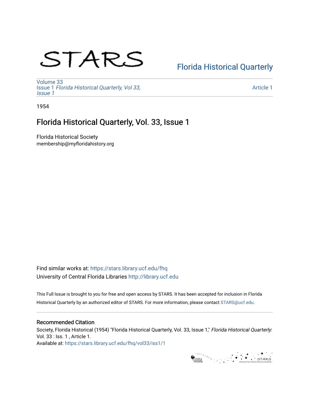 Florida Historical Quarterly, Vol. 33, Issue 1