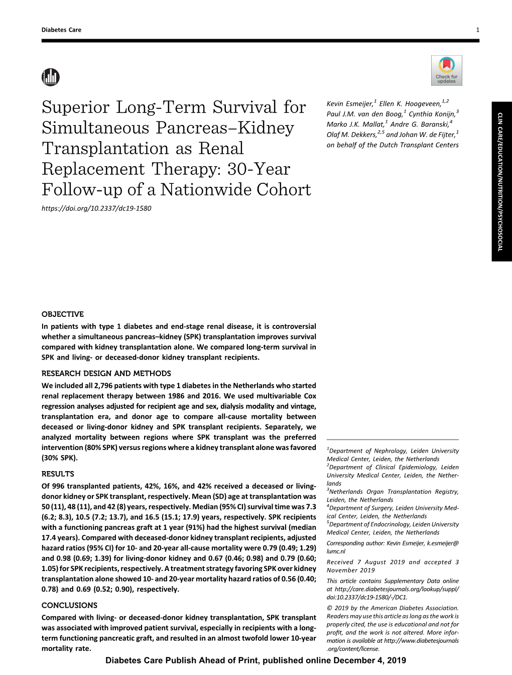 Superior Long-Term Survival for Simultaneous Pancreas–Kidney