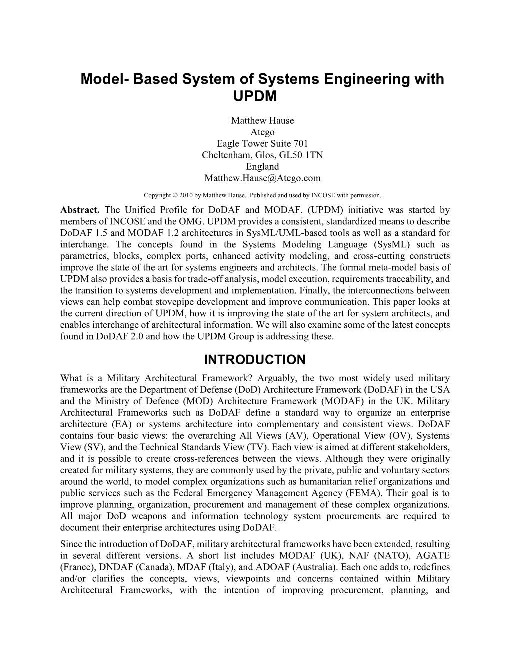 Model-Based System of Systems Engineering with UPDM
