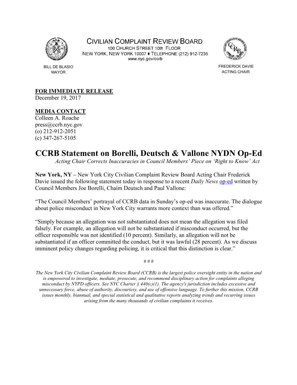 CCRB Statement on Borelli, Deutsch & Vallone NYDN Op-Ed