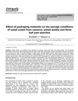 Effect of Packaging Materials on the Storage Conditions of Salad Cream from Cassava, Sweet Potato and Three Leaf Yam Starches