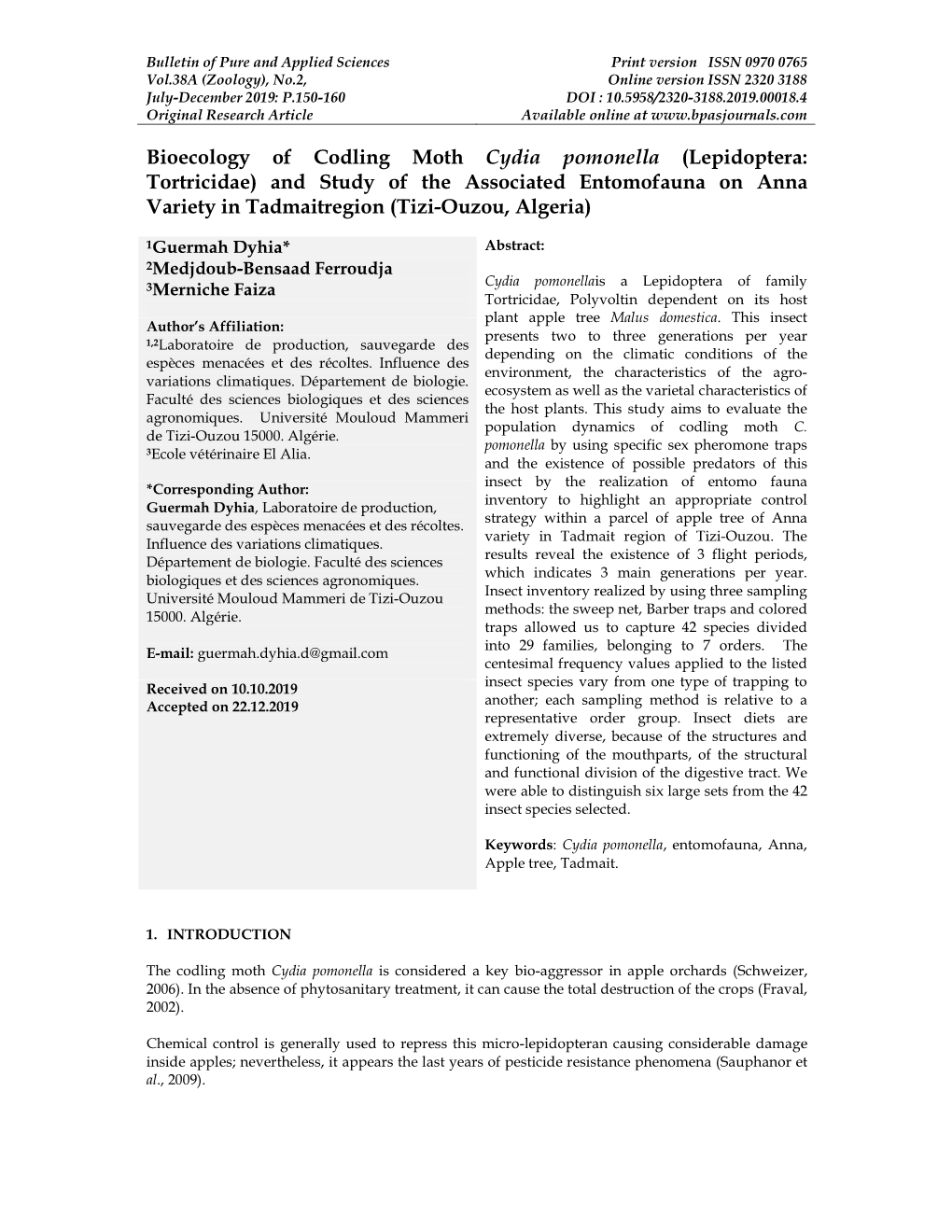 Bioecology of Codling Moth Cydia Pomonella (Lepidoptera: Tortricidae) and Study of the Associated Entomofauna on Anna Variety in Tadmaitregion (Tizi-Ouzou, Algeria)