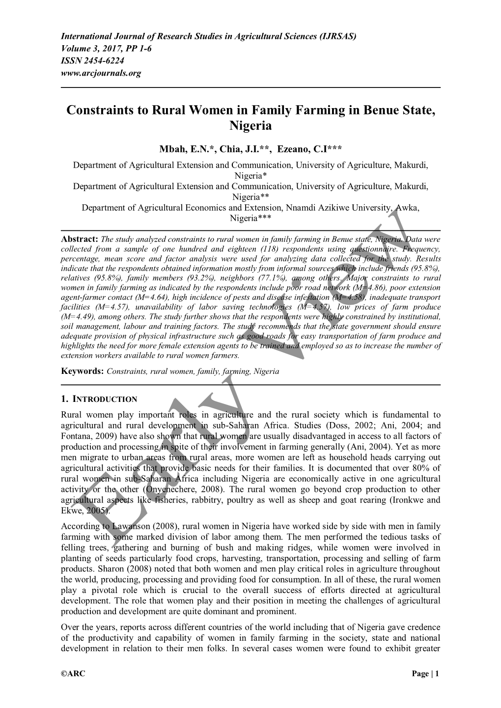 Constraints to Rural Women in Family Farming in Benue State, Nigeria