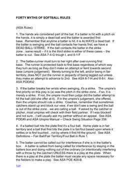 FORTY MYTHS of SOFTBALL RULES (ASA Rules) 1. the Hands