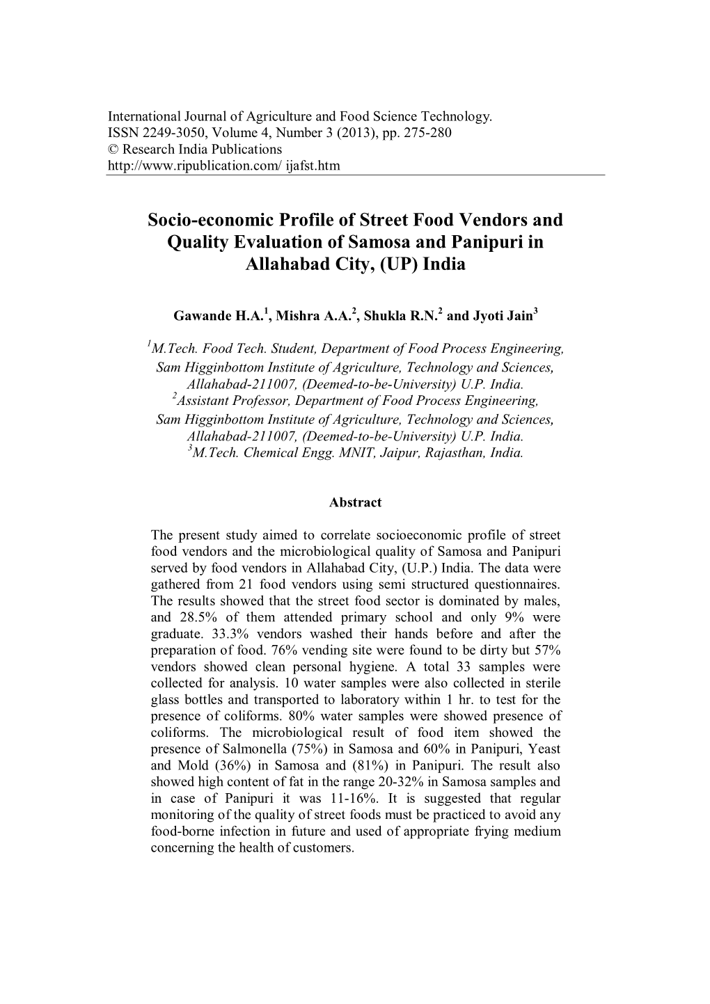 Socio-Economic Profile of Street Food Vendors and Quality Evaluation of Samosa and Panipuri in Allahabad City, (UP) India