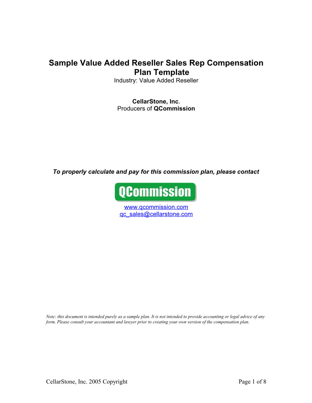 Sample Reseller Sales Rep Compensation Plan Template