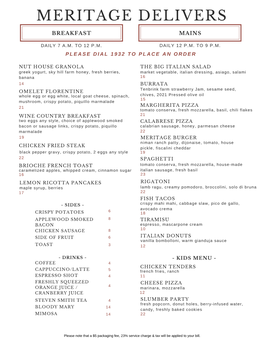 Meritage Delivers Menu