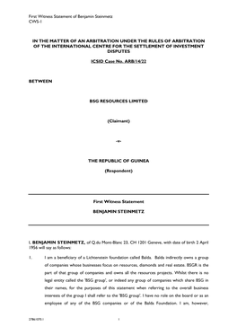 First Witness Statement of Benjamin Steinmetz CWS-1 in the MATTER of an ARBITRATION UNDER the RULES of ARBITRATION of the INTER