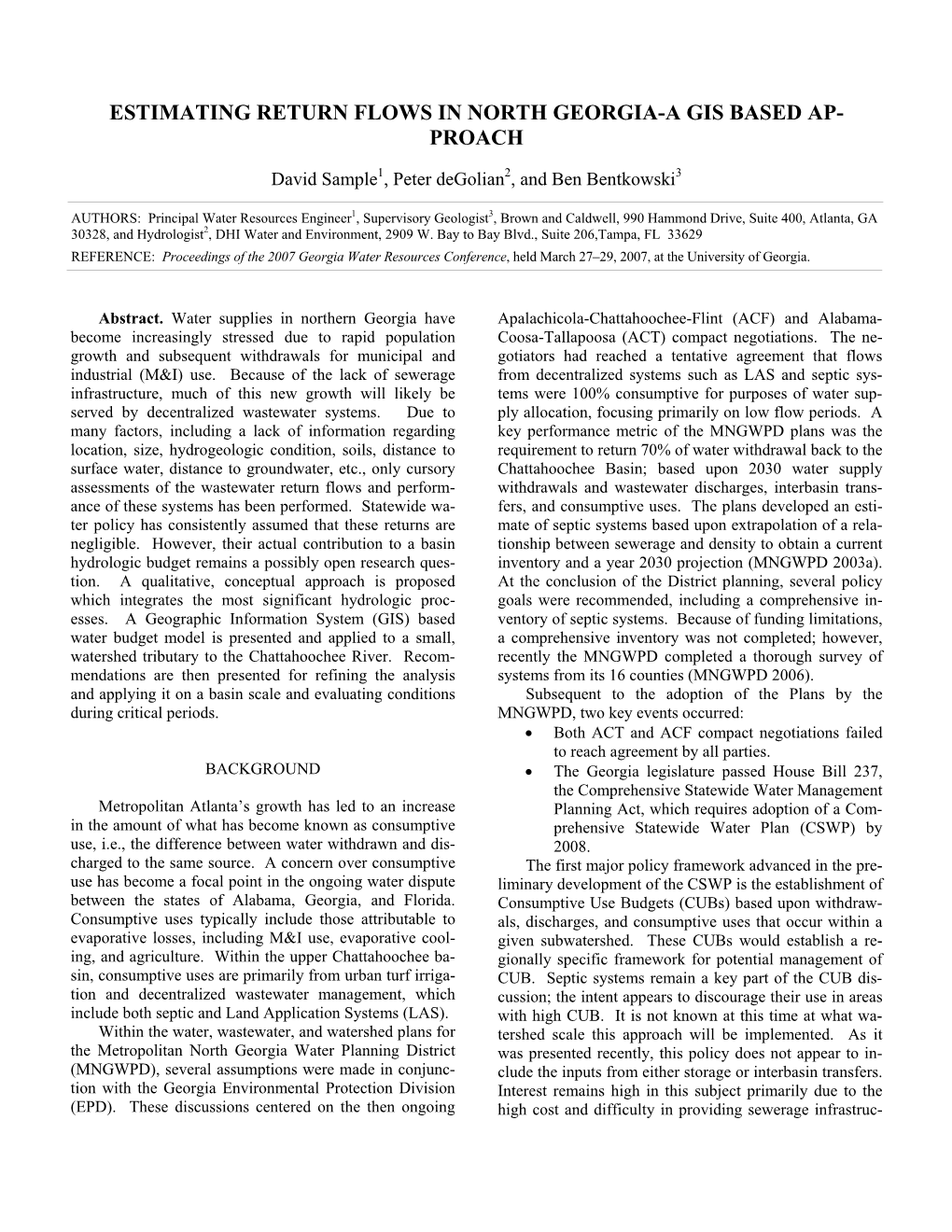 Estimating Return Flows in North Georgia-A Gis Based Ap- Proach