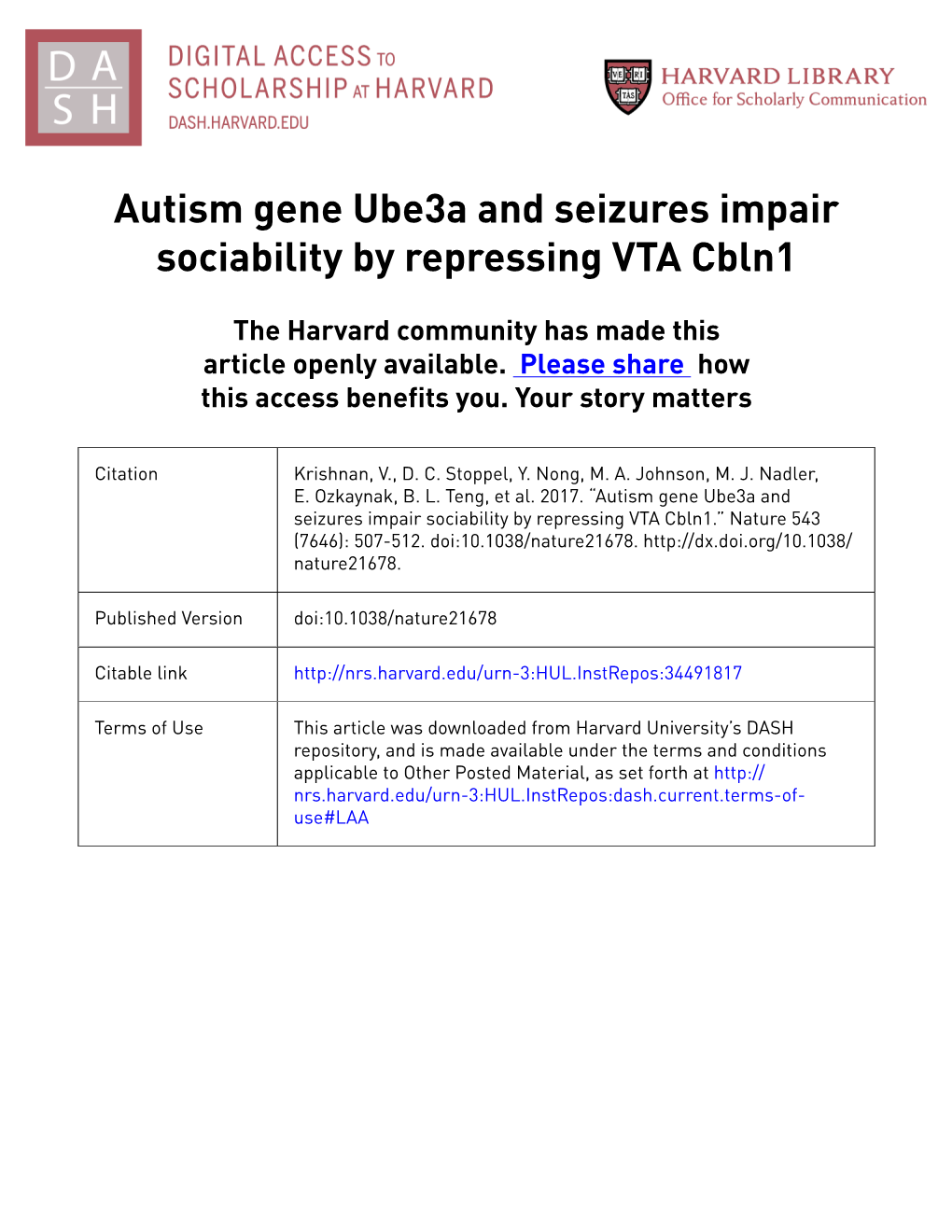 Autism Gene Ube3a and Seizures Impair Sociability by Repressing VTA Cbln1