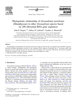 Phylogenetic Relationship of Alexandrium Monilatum (Dinophyceae) to Other Alexandrium Species Based on 18S Ribosomal RNA Gene Sequences John E