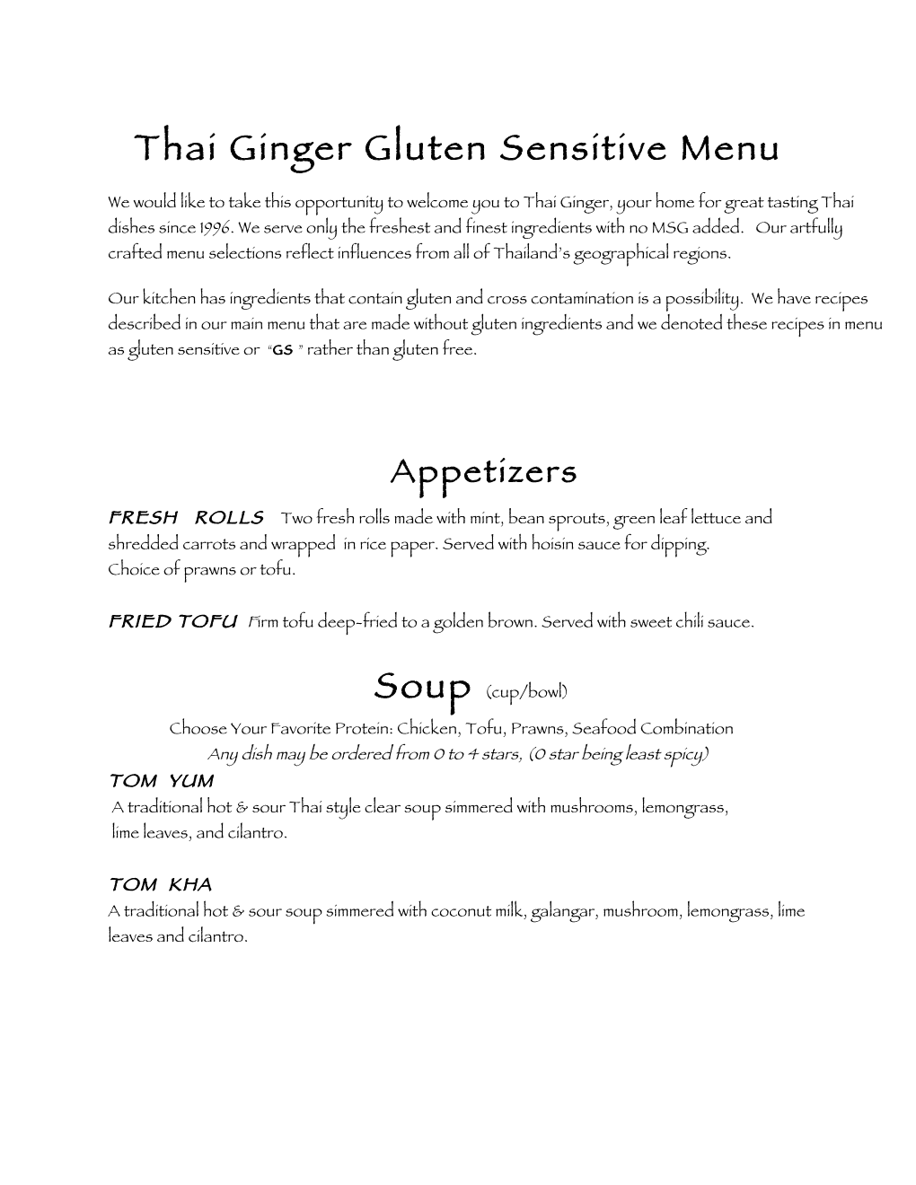 Thai Ginger Gluten Sensitive Menu