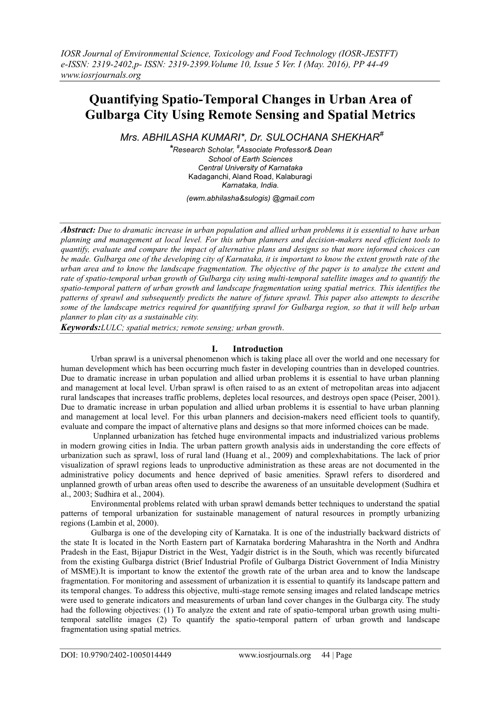 Quantifying Spatio-Temporal Changes in Urban Area of Gulbarga City Using Remote Sensing and Spatial Metrics