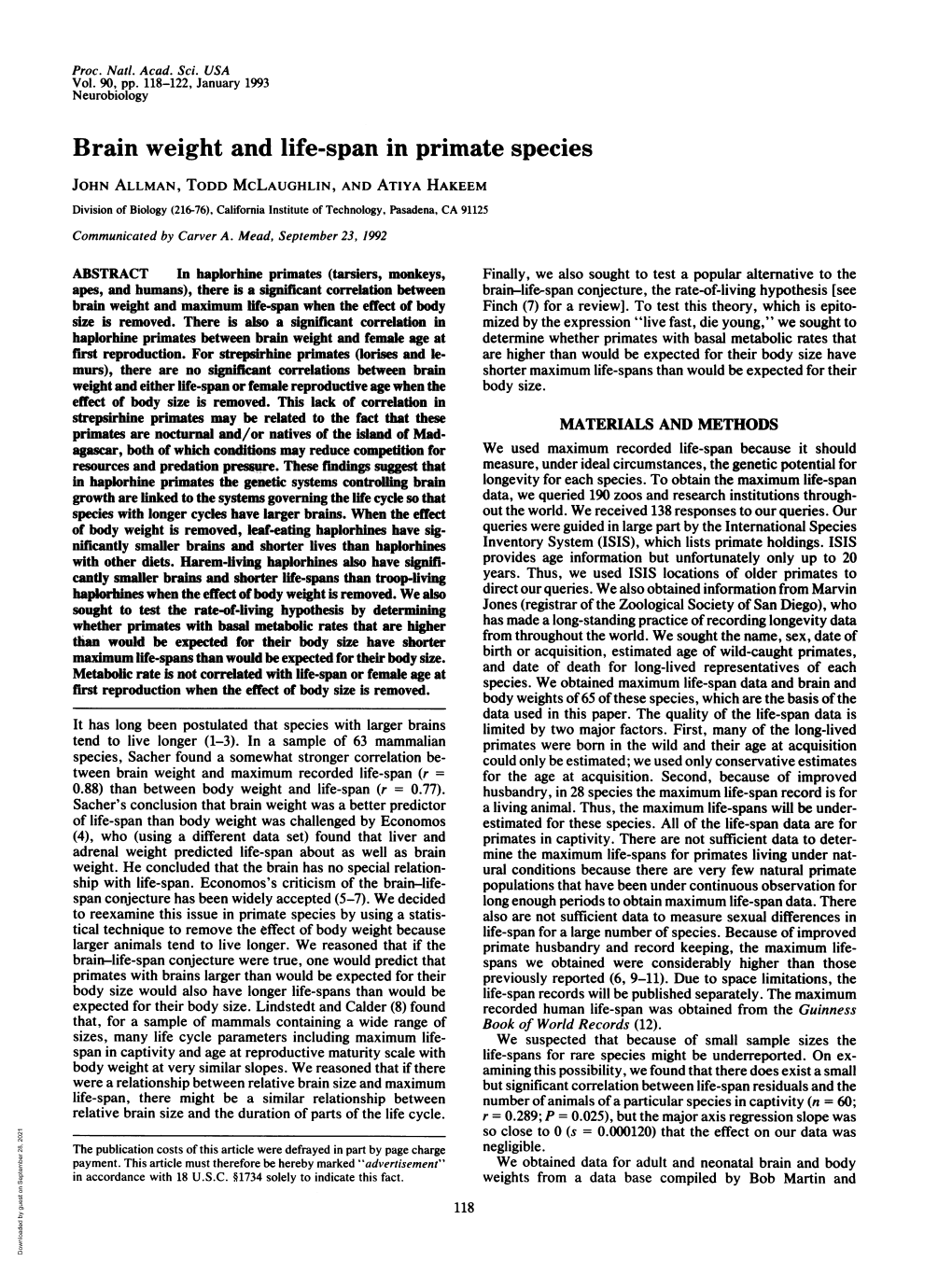 Brain Weight and Life-Span in Primate Species