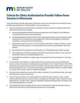 Criteria for Clinics Providing Yellow Fever Vaccinations