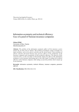 Information Asymmetry and Technical Efficiency: Case of a Panel of Tunisian Insurance Companies