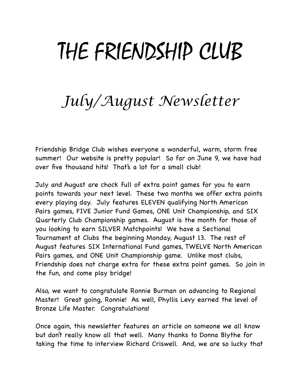 July/August Newsletter