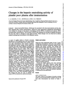 Changes in the Heparin Neutralising Activity of Platelet Poor Plasma After Immunisation