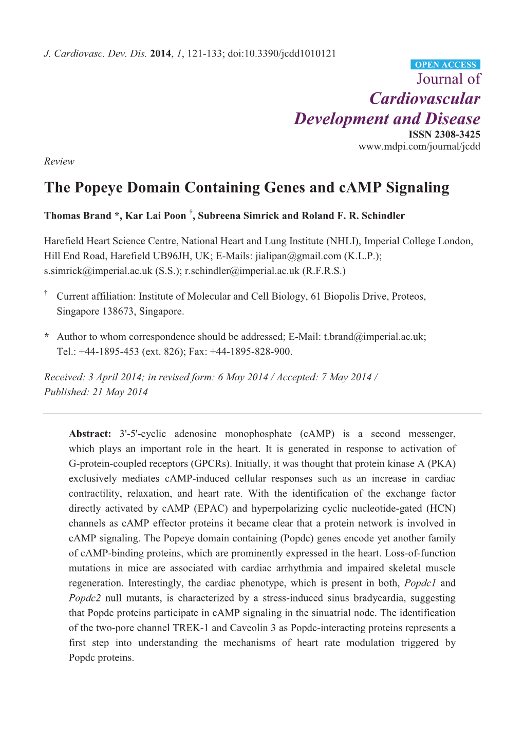 The Popeye Domain Containing Genes and Camp Signaling