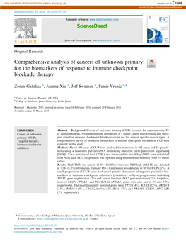 Comprehensive Analysis of Cancers of Unknown Primary for the Biomarkers of Response to Immune Checkpoint Blockade Therapy
