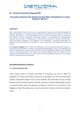 Dr. Carmen Emanuela Ragusa,Phd Encounter Between the Orient and the West. Orientalism in Leone Caetani's Work I. BIO-BIBLIOGR