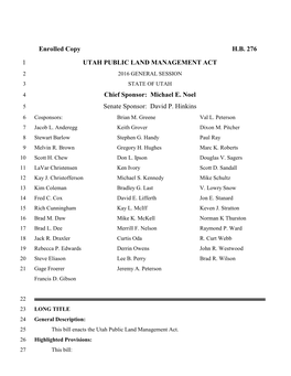 Enrolled Copy HB 276 1 UTAH PUBLIC LAND MANAGEMENT