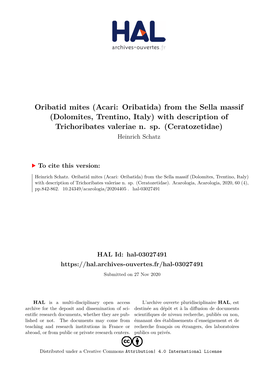 Oribatid Mites (Acari: Oribatida) from the Sella Massif (Dolomites, Trentino, Italy) with Description of Trichoribates Valeriae N
