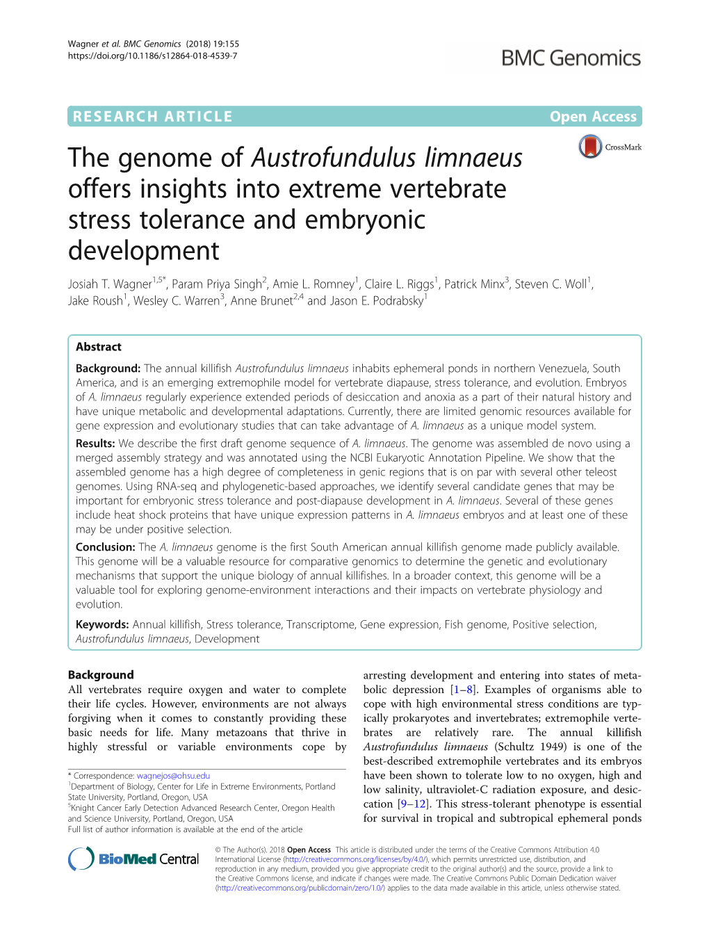 The Genome of Austrofundulus Limnaeus Offers Insights Into Extreme Vertebrate Stress Tolerance and Embryonic Development Josiah T