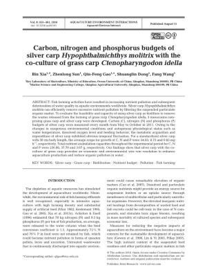 Carbon, Nitrogen and Phosphorus Budgets of Silver Carp Hypophthalmichthys Molitrix with the Co-Culture of Grass Carp Ctenopharyngodon Idella