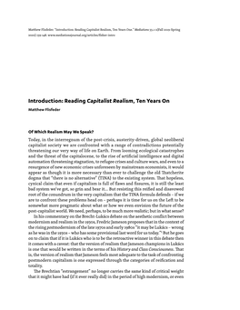 Introduction: Reading Capitalist Realism, Ten Years One.” Mediations 33.1-2(Fall 2019-Spring 2020) 139-148