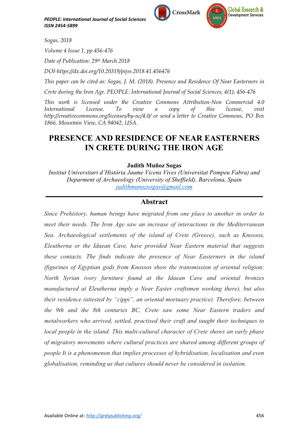 Presence and Residence of Near Easterners in Crete During the Iron Age