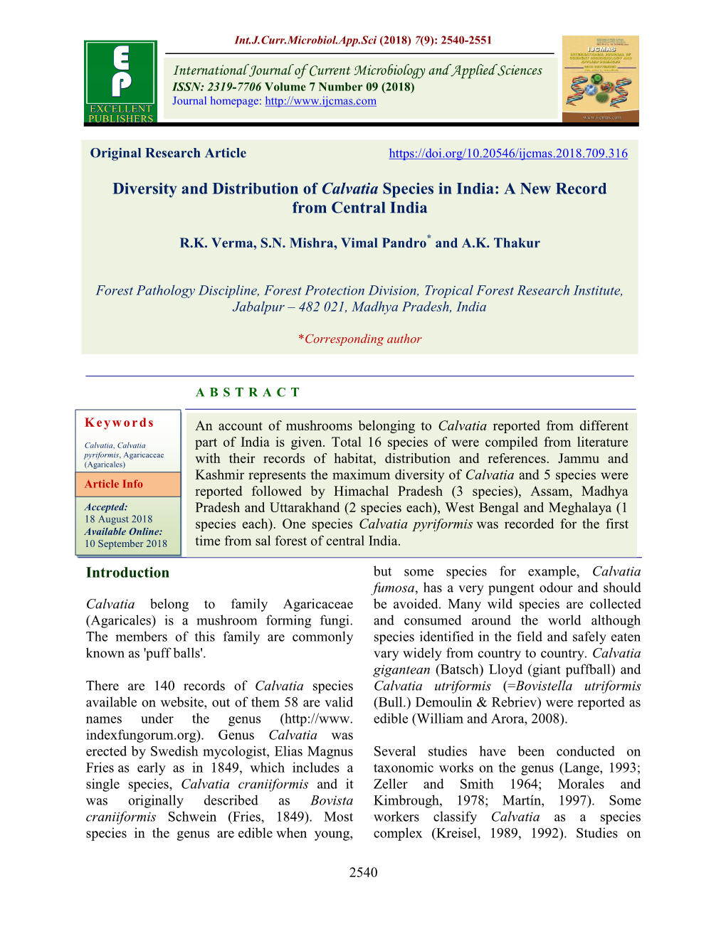 Diversity and Distribution of Calvatia Species in India: a New Record from Central India